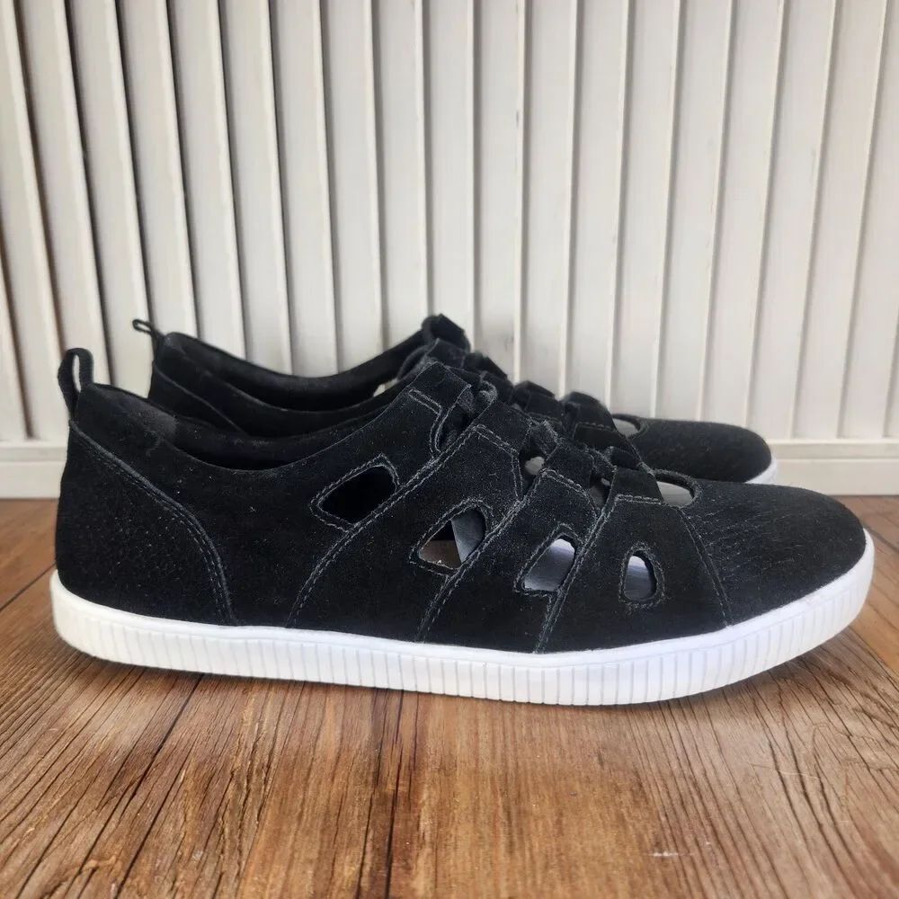 Earth Mulberry Womens 8.5 B Black Suede Laser Cut Lace Up Sandal Sneakers Shoes